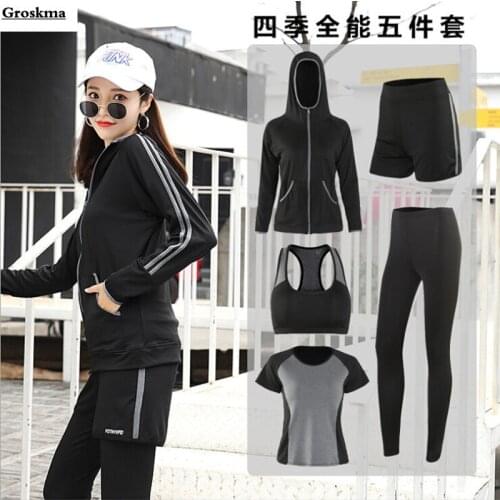 Plus size women yoga 3/4/5 piece set hooded coats+sexy bra+t shirt+shorts+pants quick dry fitness gym sportswear clothing suits