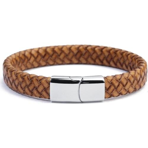 1PC Red Brown Color 100% Genuine Braided Leather Wrap Bangles Men Women Stainless Steel Magnet Jewelry Wide Bracelets Pulsera