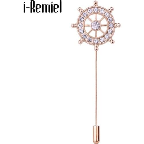 New Fashion Crystal Brooch Anchor Rudder Long Needle Lapel Pin Mens Suit Shirt Badge Brooches Luxulry Jewelry Accessories