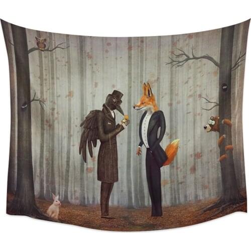 Mr. Raven And Mr. Fox Forest Animals Wall Tapestry Cover Beach Towel Picnic Yoga Mat Home Decoration