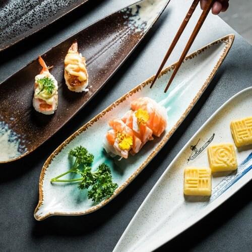 Japanese style long leaf plate leaf-shaped ceramic plate sushi plate dim sum plate restaurant creative plate dish flat plate