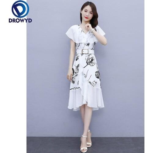 Fashion Boho Slim Chiffon White Printed Dress Women Summer Elegant O-neck Dress Retro Floral Beach Holiday Party Dress Vestidos