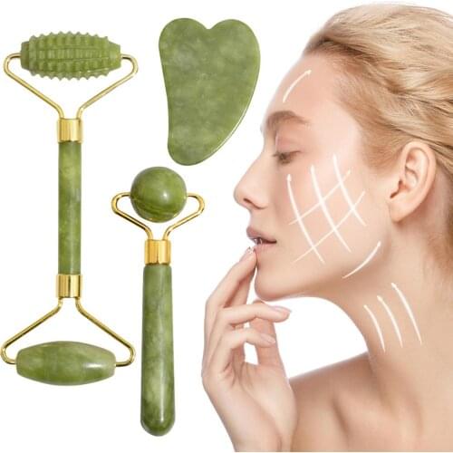 Natural Facial Massage Roller Guasha Scraping Board Set Double Heads Jade Stone Face Lift Body Slim Neck Thin Lift Massage Tools