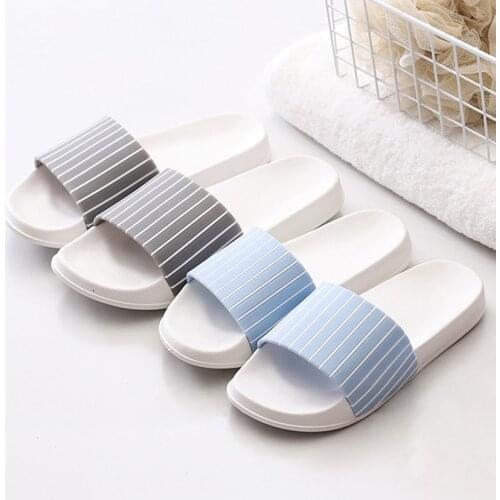 New Striped Home Couple Slippers Non-slip Bathroom Indoor Women Bathe Slides Comfortable Blue Stripe Ladies Shoes Flats
