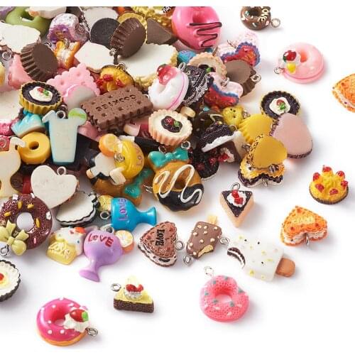 About 100pcs/Bag Cute Resin Imitation Food Pendants Mix Colors Shapes for bracelets necklace jewelry DIY making,Hole: 1.5mm