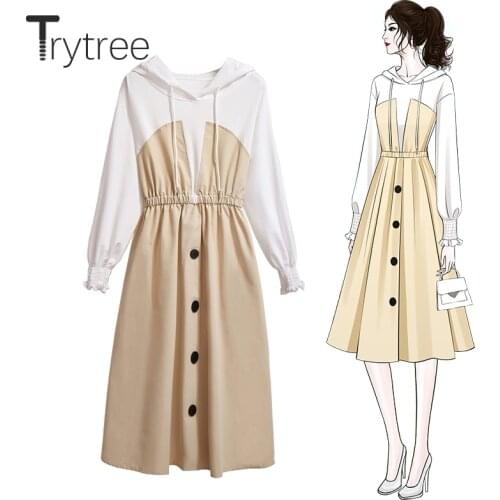 Trytree 2020 Autumn Winter Woman Casual Dress Hooded Drawstring Patchwork Elastic Waist Mini 2 Colour Fashion Sweatshirt Dress