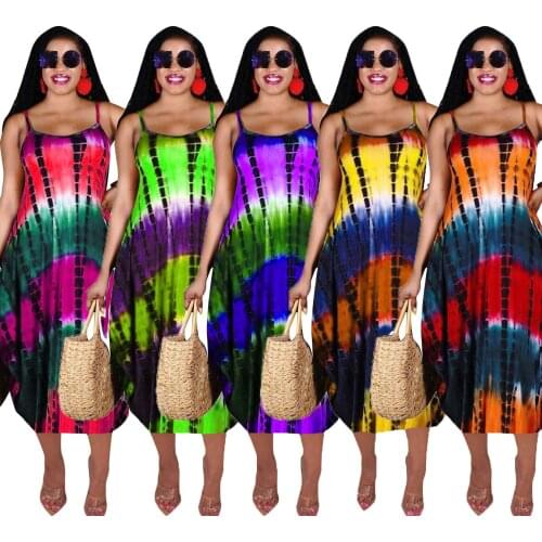 Women Plus Size Dress for girls Tie Dye Print Spaghetti Strap O-neck Loose Midi Dresses Sexy Fashion Casual Streetwear