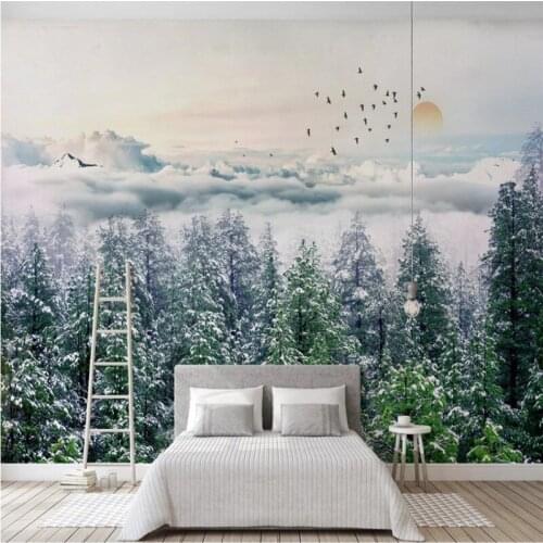 Custom 3D wallpaper murals Nordic style foggy pine clouds misty snow background wall paper mural