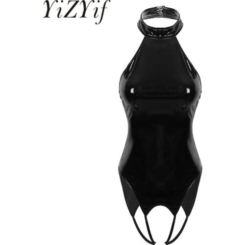 Sexy One-piece Bodysuit Women Wet Look Patent Leather Lingerie Halter Neck Backless Open Crotch Leotard Thong Bodysuit Nightwear