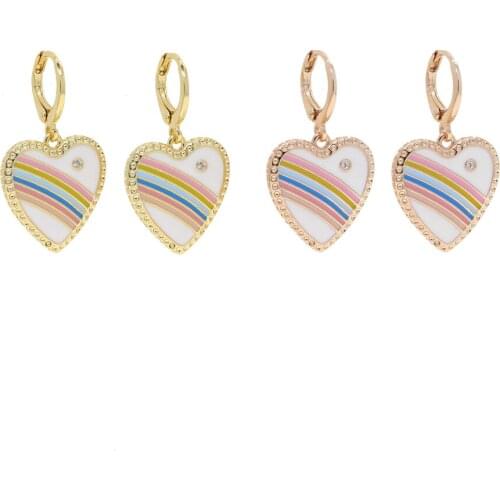 Heart Charm Dangle Earring Rose Gold Colors White Rainbow Enamel Hearts Valentines Day Gift Fashion Jewelry