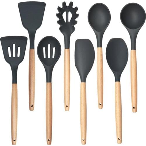 Silicone Kitchen Tools Cooking Sets Soup Spoon Spatula Non-stick Shovel With Wooden Handle Special Heat-resistant Design