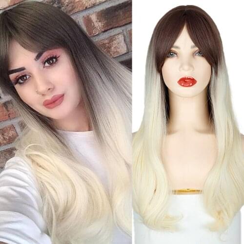 AZqueen Long Wavy Ombre Brown Blonde Wig with Bangs Wave Heat Resistant Hair Synthetic Wigs for Women African American Cosplay