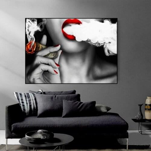 Modern Red Lips Women Smoking Money Cigar Posters and Prints Wall Art Canvas Prints Black White Art Painting for Home Wall Decor