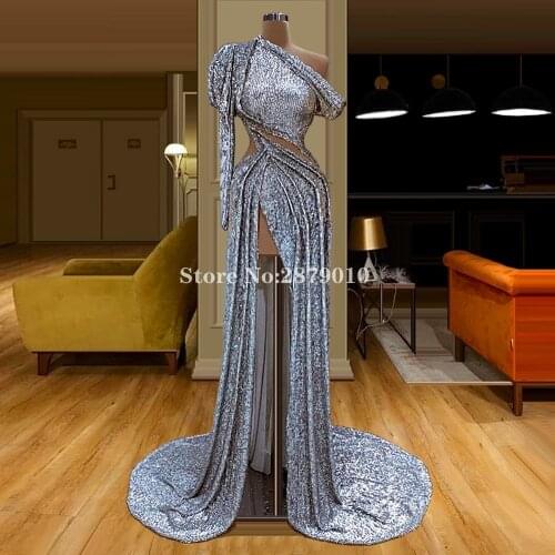 2020 Silver Vintage Sheath Evening Dress Floor-Length Formal Dress Robe De Soiree Aibye Slit Prom Dress Vestido de festa Dubai
