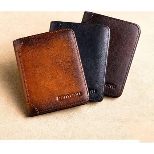 Male Genuine Leather Wallets Men Wallet Credit Card Holders Vintage Brown Leather Wallet RFID Purses High Quality