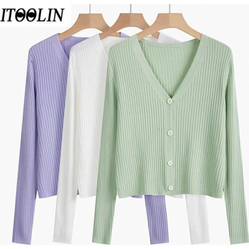 ITOOLIN V-Neck Long Sleeve Knit Cardigan Tops Casual solid knitted Autumn Cardigans womens Fit female Fashion Women Clothing