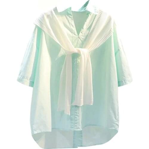 2021 new Fruit color Women Cotton Oversize Shirt Korean Fashion Long Sleeve Blouse Casual Autumn Two-Piece, Shirt + Shawl