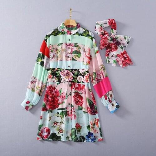 European and American womens clothing 2021 The new spring Floral print with long - sleeved bow collar dress beaded waist