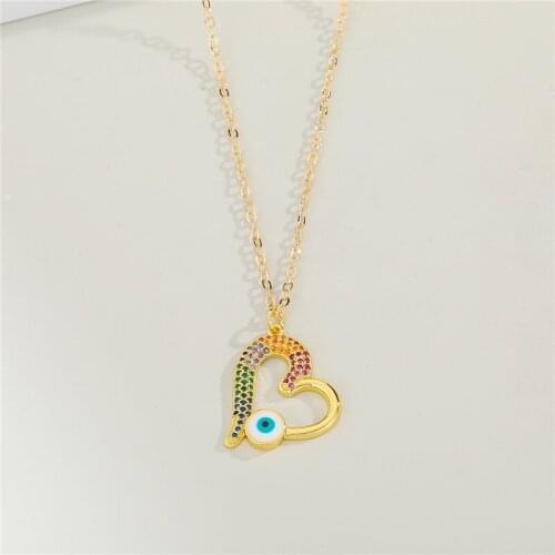 1PC Bohemian Hollow Rhinestone Heart Turkish Eye Necklace For Women Vintage Colorful Crystal Pendant Choker Clavicle Chain