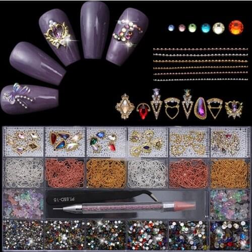 21 Grids Nail Glass Decor Kit Multi Shapes with Dual-ended Dotting Pen Tweezers Set Nails Ornaments Manicure Tips Decoration