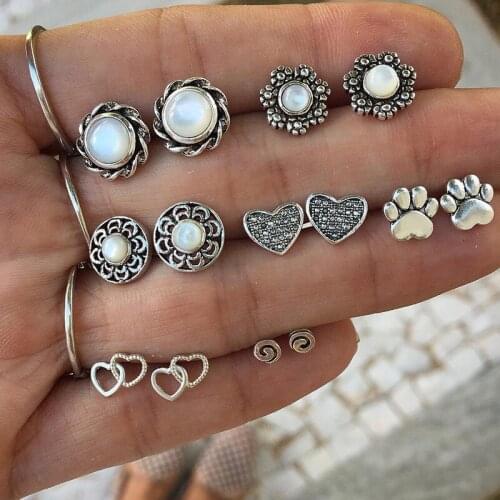 7 Pairs/Set Vintage Boho Earring Set Cute Animal Pet Paw Stud Earrings for Women Simulated Pearl Jewelry