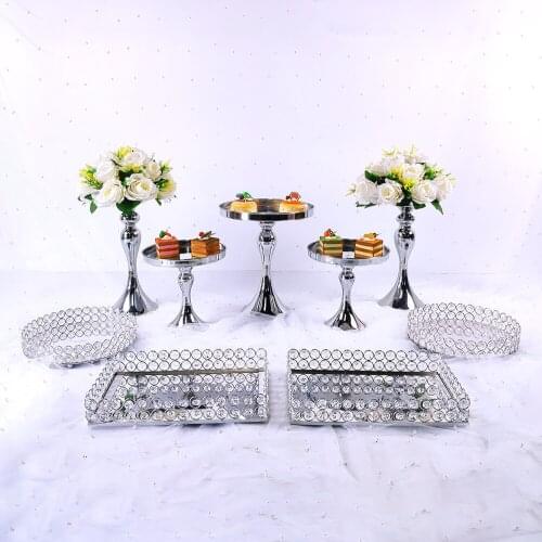 9pcs French Silver Color Dessert Table Decoration Wedding Dessert Decoration Display Stand Cake Plate Metal Crystal Tray