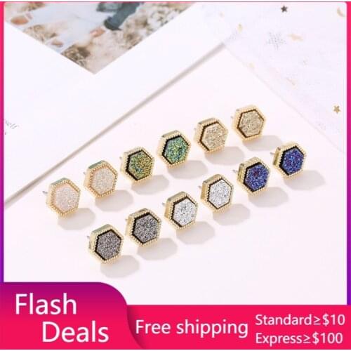 Druzy Drusy Stud Earrings Fashion Square Hexagon Stud Famous Brand Designer Jewelry Gold Color Women Girl Hot