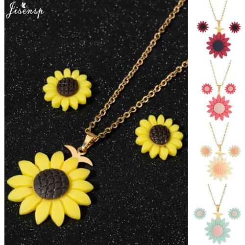 Jisensp Color Flowers Daisy Pendant Necklace Earrings Stainless Steel Chain Jewelry Sets for Women Fashion Summer Vacation Gift