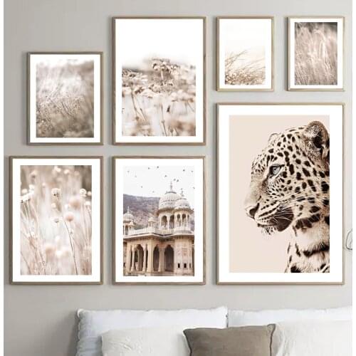 Nordic Poster Beige Dandelion Reed Dried Grass Building Leopard Wall Art Print Canvas Painting Decor Pictures For Living Room