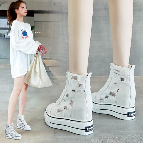 High-top 4cm Platform Canvas Women Shoes Lace-up Ladies Casual Sneakers Outdoor Breathable Leisure Footwear