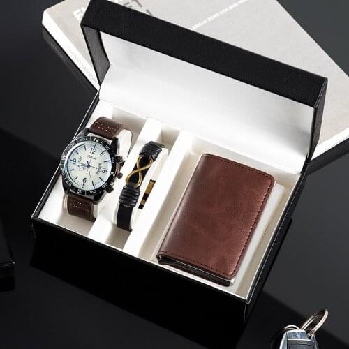 Mens Luxury Watch Sets Fashion Men Quartz Calendar Watches Cowhide Bracelet Card package Gifts for Boyfriend Husband Fathers