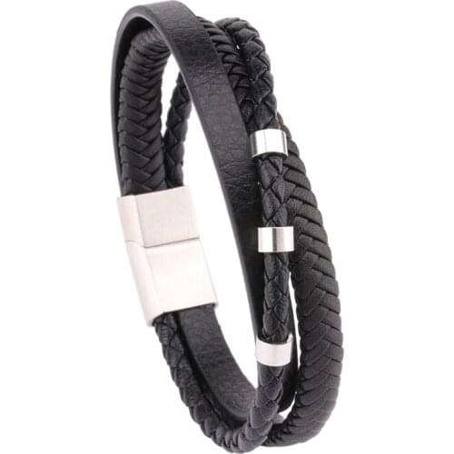 Vanbula Retro Simple Woven Geometric Stainless Steel Cylindrical Accessories Mens Leather Rope Bracelet Jewelry Holiday Gifts