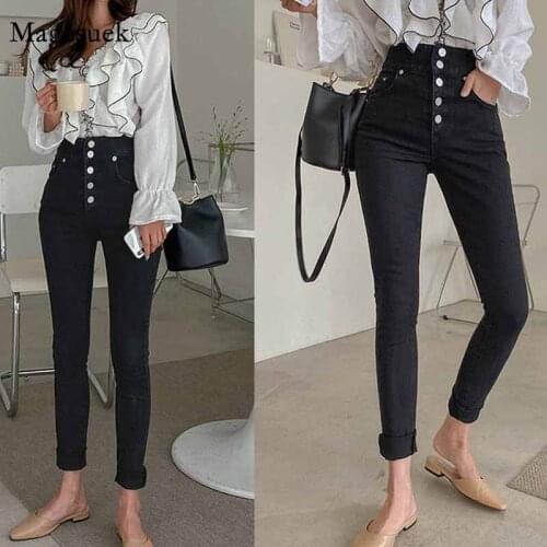 New One-Breasted High-Waist Slim-Looking Skinny Pants Autumn New Black Tight Trousers Jeans Womens Korean-Style Pantalon 11570