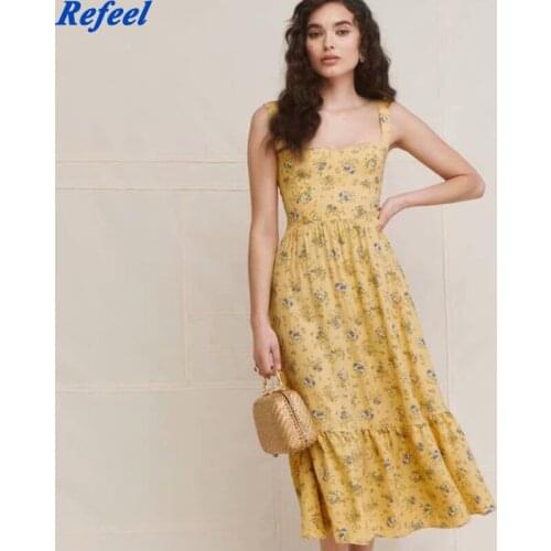 Yellow Floral High Waist Long Dress Women Vintage Sundress French Slim Elegant Summer Dresses Beach Vocation Wear