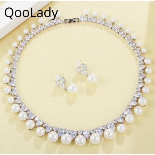 QooLady Gorgeous Luxury Full Zirconia Stone Women Wedding Party Necklace Earring Big Pearl Jewelry Sets Dress Accessories S061