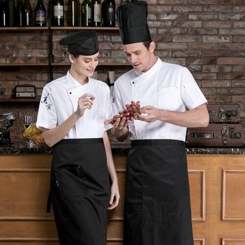 Catering Restaurant Short Sleeve Master Chef Uniform Men and Women Bakery Kitchen Jacket Shirt Canteen Hotel Workwear Apron&Hat