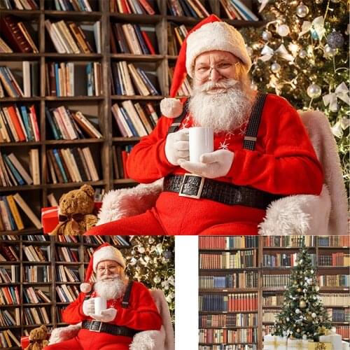 Christmas Bookshelf Photography Backdrop Merry Xmas Bookcase Tree Rustic Background Library Book Racks Boy Girl Party Decor