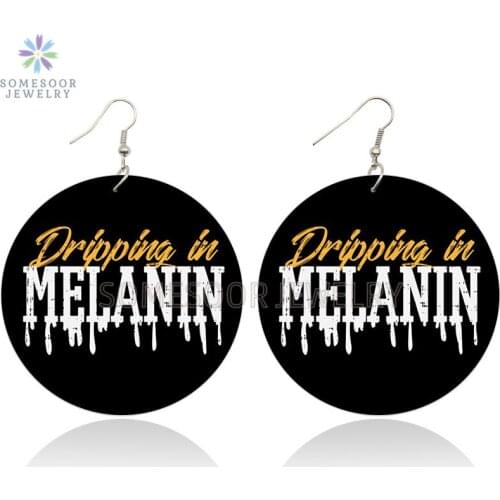 SOMESOOR Melanin Stay Poppin Black Wooden Drop Earrings African Powerful Sayings Printed Loops Dangle Jewelry For Women Gifts