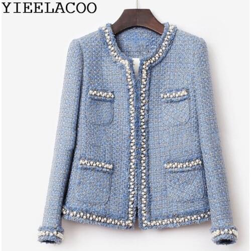 Blue French perfume tweed jacket women Hand-made beads spring / autumn / winter coat new classic jacket Ladies
