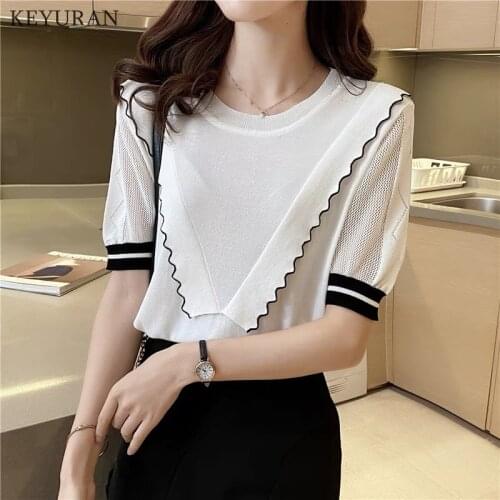 Knitted White Tshirt Women Tops Fashion Short Sleeve Vintage Ruffles Female T-Shirt Casual Black Tee T Shirt Femme Summer 2021