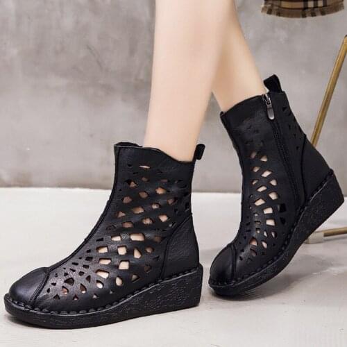 LISUNNY Summer Women Ankle Boots Handmade Genuine Leather Hollow out Sandals Wedge Womens Shoes Soft Bottom Women Boots