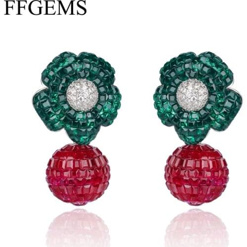 FFGems New Design 925 Silver Drop Big Earring Flower Created Nano Ruby Emerald Invisible Fine Jewelry Women Wedding Party Gift