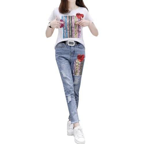 Plus Size Suit Women New Summer Short-Sleeved Sequined T-Shirt + Ripped Jeans Female Fashion Two-Piece Lady Clothing