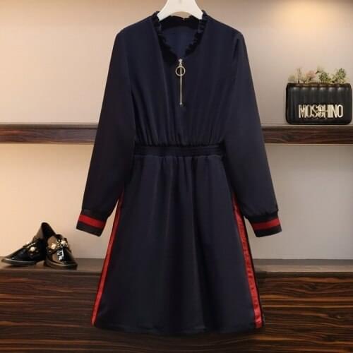 Plus Size Women Elegant Dress Office 2020 Zipper V Neck Long Sleeve Elastic Waist Side Striped Casual A-Line Lady Dresses M-4XL