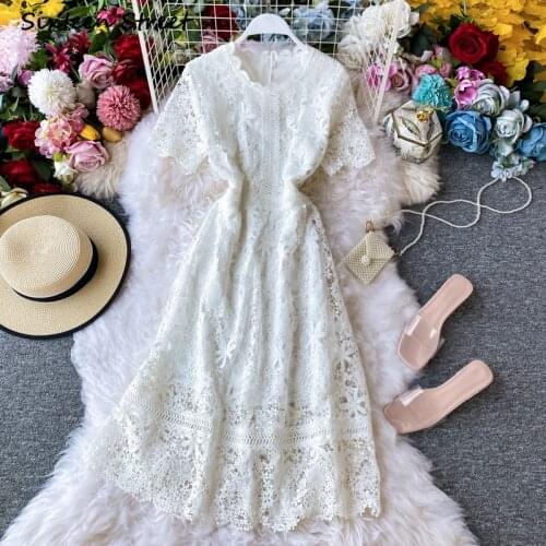 Maxi Dresses for Women Summer Lace Sexy Dress Luxury Female Chic Embroidery Korean Style Clothing Women Short Sleeve Vestido