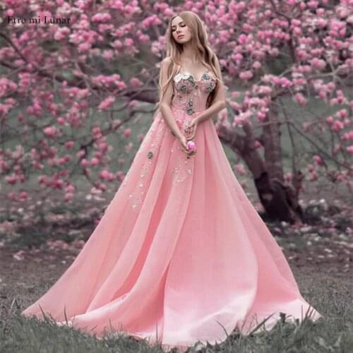 Sexy Lace Evening Dress 2020 Pink Flowers A-Line Off Shoulder Dressing Gown Party Dress Tull Vestido De Festa Custom Size LE4049