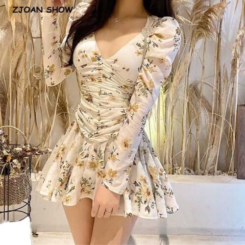 Women Sexy V neck Flower Print Puff Sleeve Pleated Ruffles Mini Dress Package Hips Hem Irregular Party Dresses