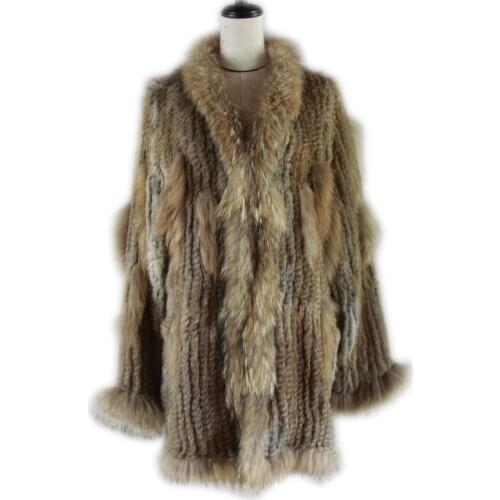 Women knitted real genuine rabbit fur coat overcoat jackets garment & raccoon collar with hood raccoon fur knitted longer jacket