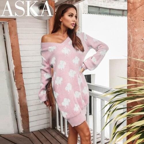 Elegant 2021 Winter Warm Knitted Mini Dress Autumn Sweaters Sexy Knitwear Long Sleeve Casual Printing Pullovers Pencil Dresses