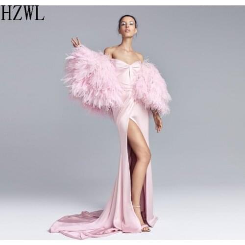 Exclusive New Pink Feather Long Sleeve Prom Dresses Strapless High Split Zipper Back Long Evening Dresses vestido robe de soiree